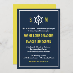 Navy and Yellow Nautical Monogram Wedding Invitation