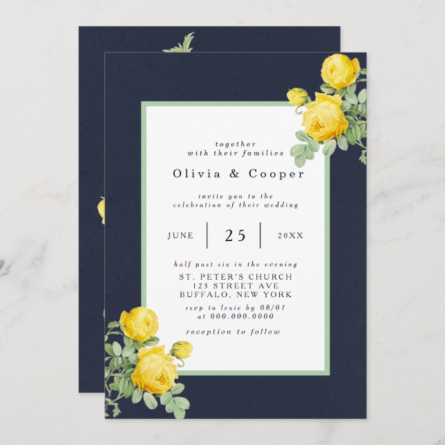 Navy and Yellow Rose Romantic Wedding Invitation (Front/Back)