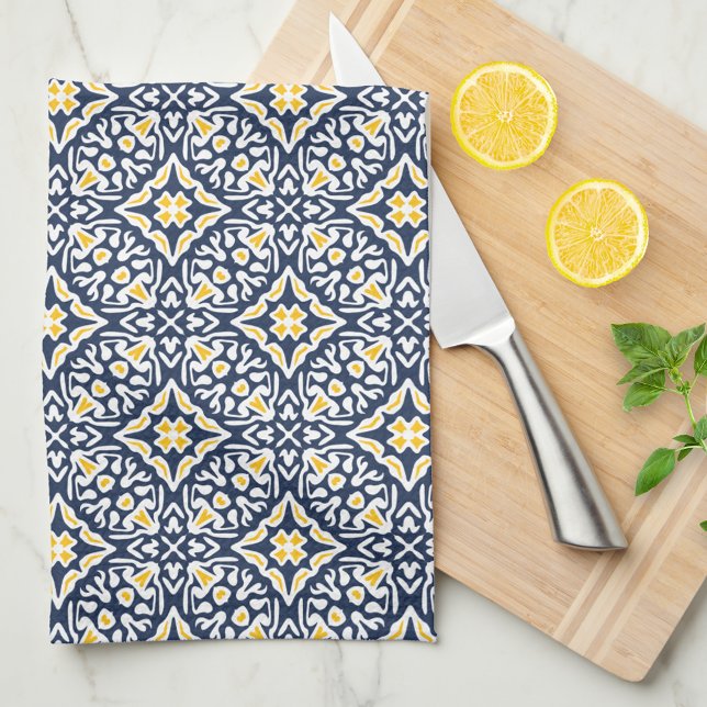Navy and Yellow Spanish Tile Pattern Tea Towel (Creator Uploaded)