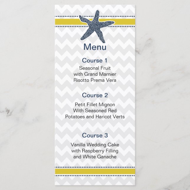Navy and Yellow Starfish Beach Wedding Stationery Menu (Front)