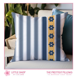 Navy and Yellow Stripes Floral Cushion