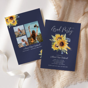 Navy and Yellow Sunflower Graduation Invitation