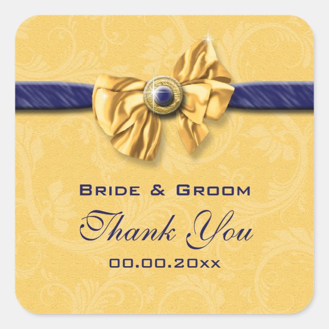 navy and yellow wedding "thank you" square sticker (Front)