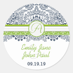 Navy Apple Green Grey Lace Wedding Classic Round Sticker