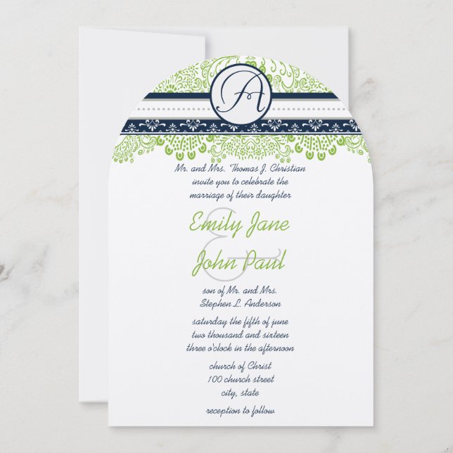 Navy Apple Green Grey Love Birds Wedding Invites (Back)