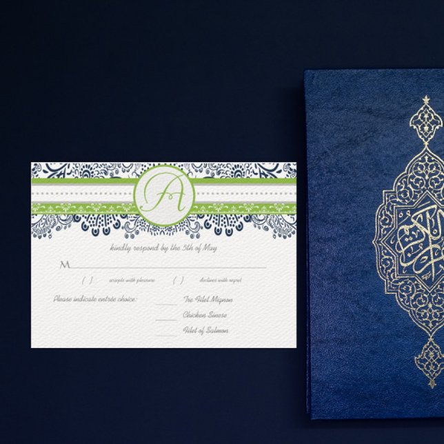 Navy Apple Green Grey Love Birds Wedding RSVP (Creator Uploaded)