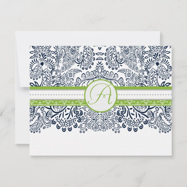 Navy Apple Green Grey Love Birds Wedding RSVP Card (Front)