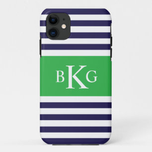 Navy Apple Green Stripes Monogram iPhone 11 Case