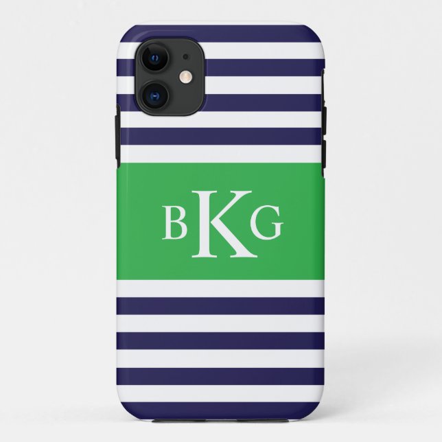 Navy Apple Green Stripes Monogram Case-Mate iPhone Case (Back)