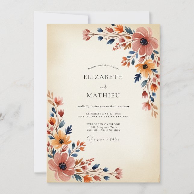 Navy Apricot Painterly Autumn Wedding Invitation (Front)