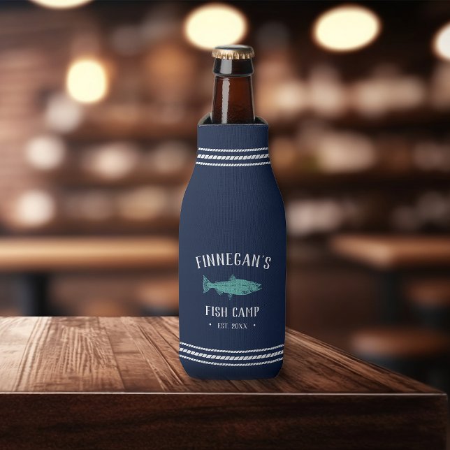 Navy & Aqua Rustic Fishing Cabin Personalised Bottle Cooler (Creator Uploaded)