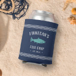 Navy & Aqua Rustic Fishing Cabin Personalised Can Cooler<br><div class="desc">These cool personalised can coolers for your cabin,  fishing camp,  or fishing trip feature your family name on a navy blue background,  with your year established and a turquoise fish illustration. Rope stripe detailing at the top and bottom completes the design for a rustic nautical look.</div>