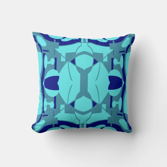 Navy Aqua Slate Abstract Symmetrical Floral Motif  Cushion (Front)