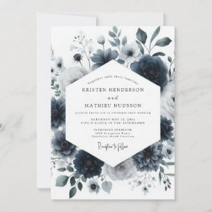 Navy Aquarelle Bloom Wedding Invitation