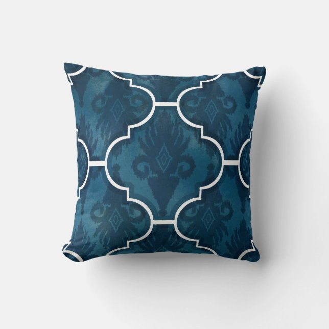 Navy Arabesque IKAT Damask Moroccan Tile Pattern Cushion (Front)