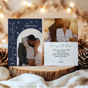 Navy Arch Modern Script 2 Photo Merry Christmas Holiday Card