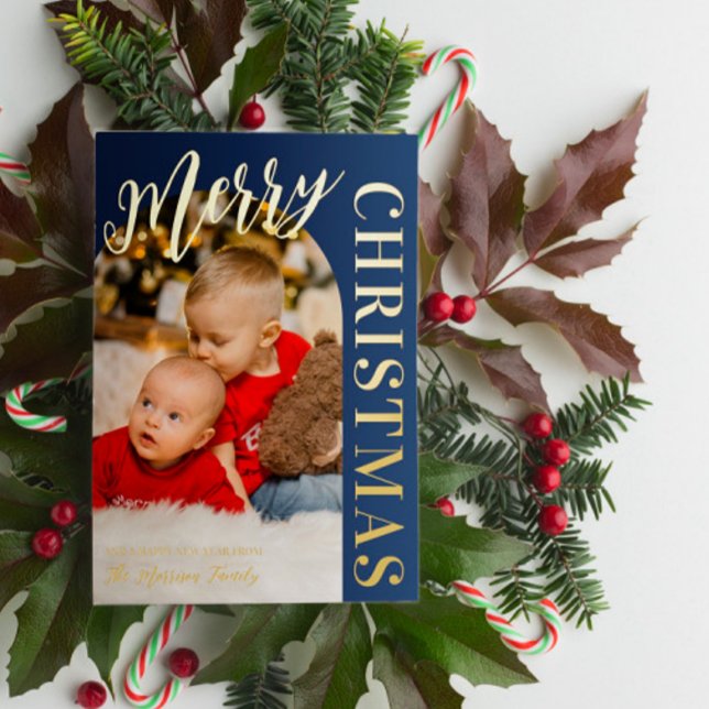 Navy Arch Shaped Photo Merry Christmas Gold Foil Holiday Card (Creator Uploaded)