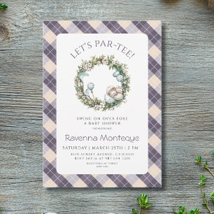 Navy Argyle Golf Floral Wreath Baby Shower Invitation