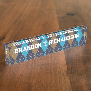 Navy Argyle Golfer Pattern & Blue / Camel Custom Nameplate