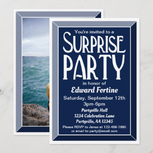 Navy Art Deco Photo Birthday Surprise Party Invitation