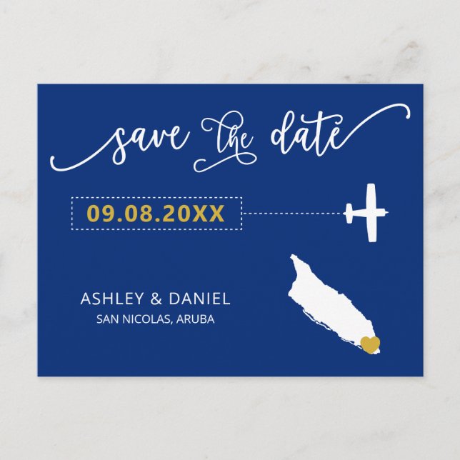 Navy Aruba Wedding Save the Date Map Postcard (Front)