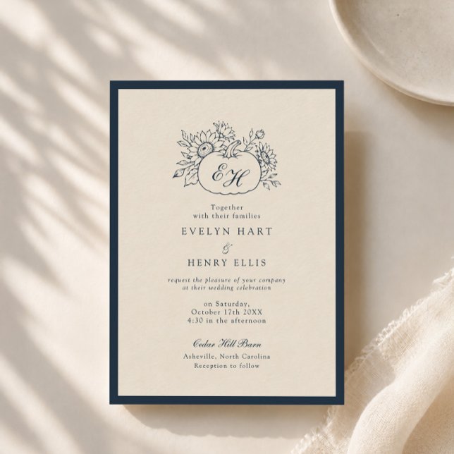 Navy Autumn Monogram Wedding Invitation (Creator Uploaded)