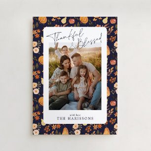 Navy autumn patterned Thanksgiving  photo card