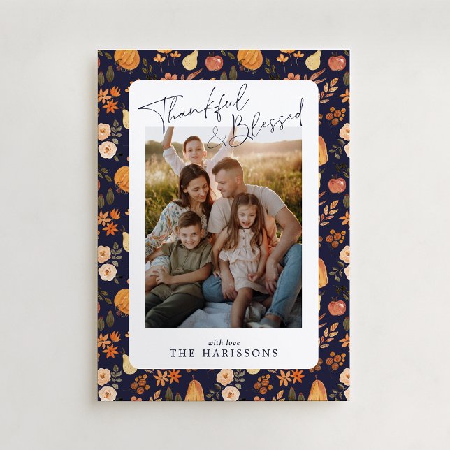 Navy autumn patterned Thanksgiving  photo card (Creator Uploaded)