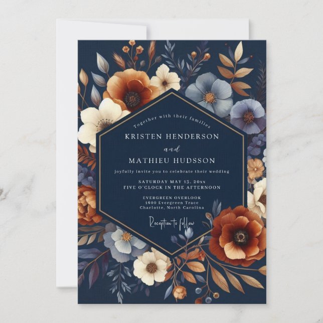 Navy Autumnal Bloom Wedding Invitation (Front)