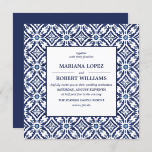 Navy Azulejo   Spanish Tile Pattern Wedding Invitation