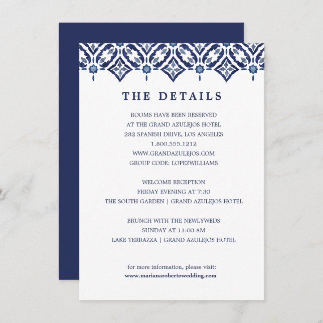 Navy Azulejo | Spanish Tile wedding DETAILS Invitation (Front/Back)