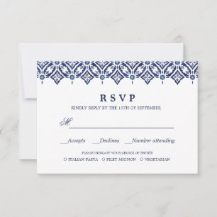 Navy Azulejo Spanish WEDDING RSVP MEAL CHOICE Card