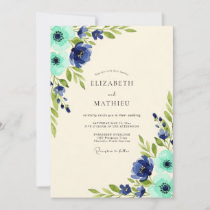 Navy Azure Floral Nature Wedding Invitation
