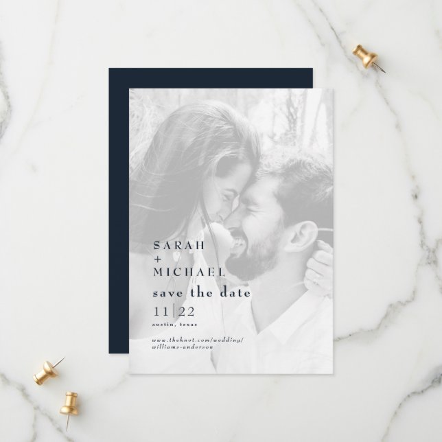 Navy B/W Photo Wedding Save The Date (Front/Back In Situ)