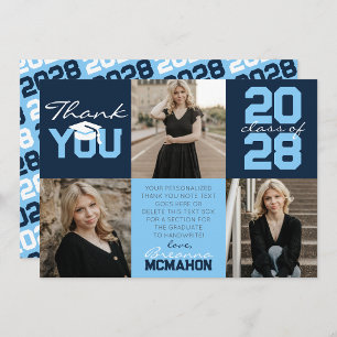 Navy & Baby Blue 3 Photo Graduation Thank You Invitation