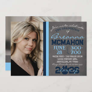 Navy & Baby Blue Chalkboard Paw Graduation Photo Invitation