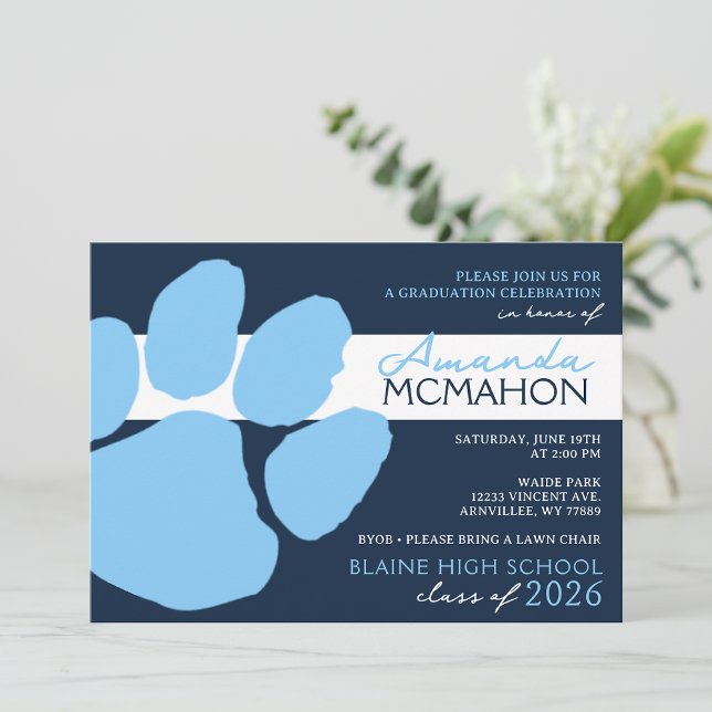 Navy & Baby Blue Elegant Pawprint (Photo Back) Invitation (Creator Uploaded)