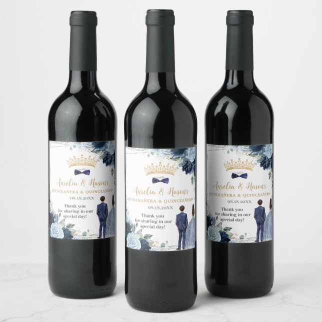 Navy Baby Blue Floral Twins Boy Girl Quinceanera Wine Label (Bottles)