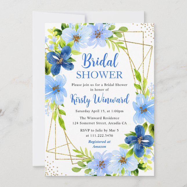 Navy & Baby Blue Flowers Gold Frame Bridal Shower Invitation (Front)