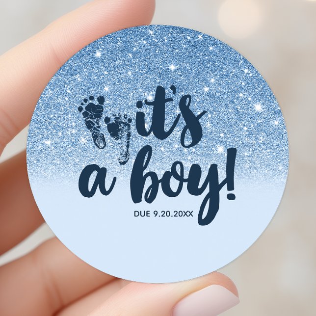 Navy Baby Blue Glitter Ombre It's A Boy Classic Round Sticker (Creator Uploaded)