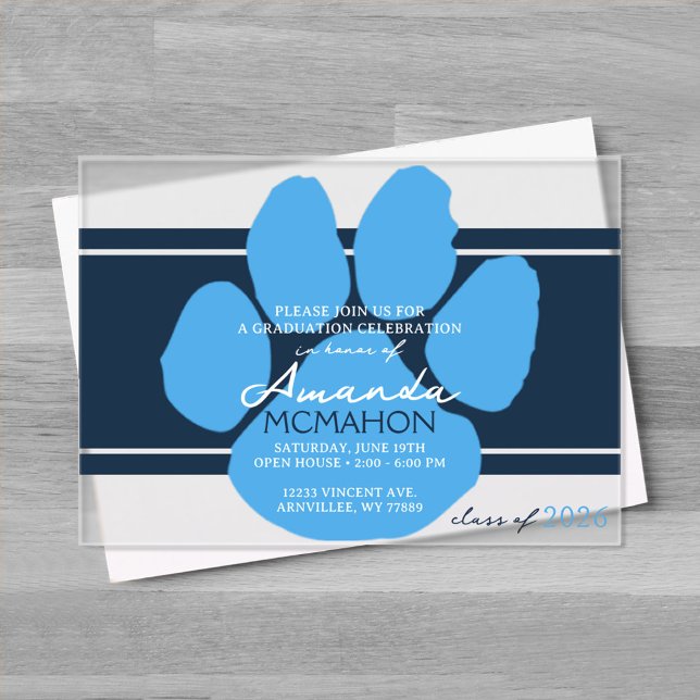 Navy & Baby Blue Pawprint Graduation Elegant Acrylic Invitations (Unique Light Blue & Navy Graduation Pawprint Elegant Frosted Acrylic Invitations)