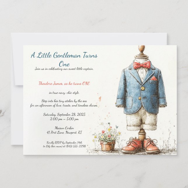 Navy Baby Boy 1st Birthday & Perfume Sketch Invitation (Front)