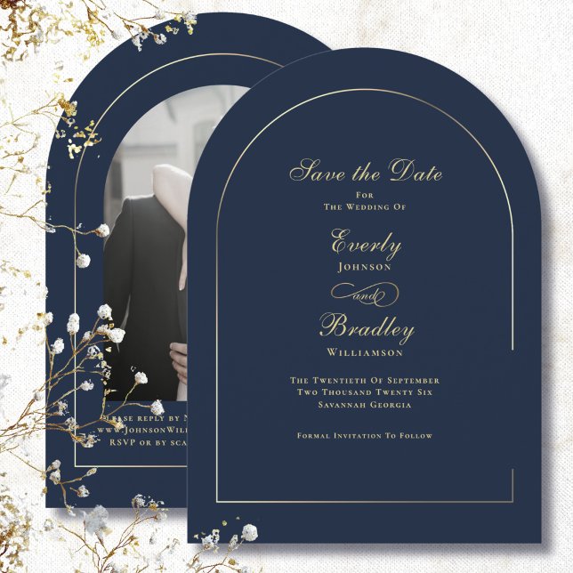 Navy Background Arch Gold Elegant Save the Date Invitation (Creator Uploaded)