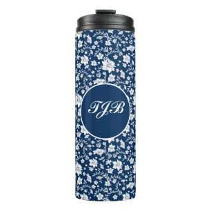 Navy Background White Floral Thermal Tumbler