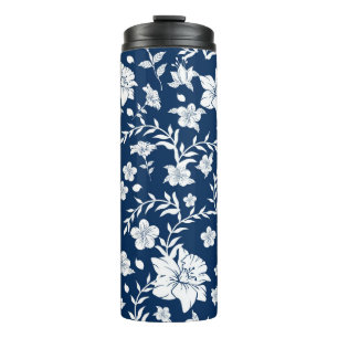 Navy Background White Floral Thermal Tumbler