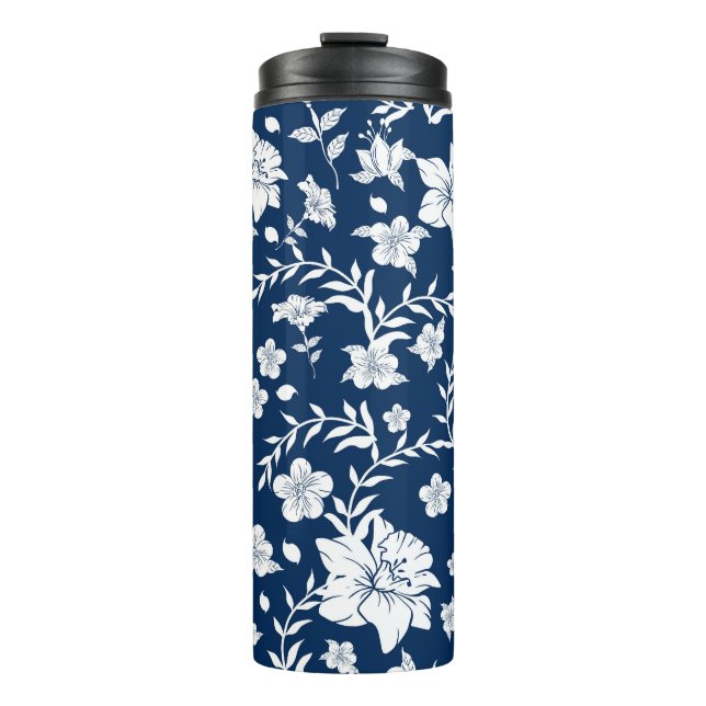 Navy Background White Floral Thermal Tumbler (Front)
