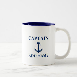 Navy Ball Anchor Blue Captain Add Name Boat Name Two-Tone Coffee Mug