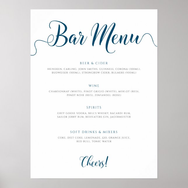 Navy Bar Menu Wedding Drinks List Poster (Front)