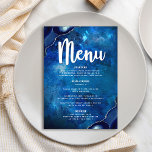 Navy Bar Mitzvah Galaxy Watercolor Agate Script Menu<br><div class="desc">Be proud, rejoice and showcase this milestone of your favourite Bar Mitzvah with a celebration to be proud of! Tempt your guests with this stunning, modern, party meal menu, featuring white calligraphy script, bold white typography, and steel blue agate rocks accented with faux silver veins, all overlaying a deep blue...</div>