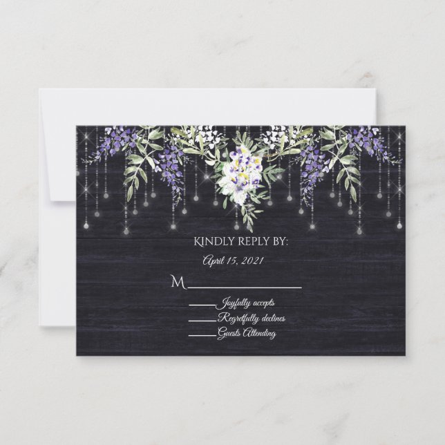 Navy Barnboard String Lights Wisteria RSVP Card (Front)
